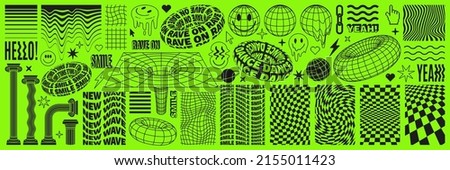 Rave psychedelic acid set with smile stickers. Trippy illustrations, surreal geometric shapes, abstract backgrounds and patterns. Vector elements and signs in trendy psychedelic weird 90s style.
