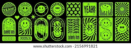 Rave psychedelic acid sticker set. Trippy illustrations, dripping smiles. surreal geometric shapes, abstract backgrounds and patterns. Vector elements and signs in trendy psychedelic weird 90s style.