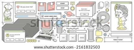 Old computer aestethic. Retro pc elements, user interface, psychedelic greek sculpture, smile, planet, windows, icons in trendy y2k retro style. Vector illustrations. Nostalgia for 1990s -2000s.