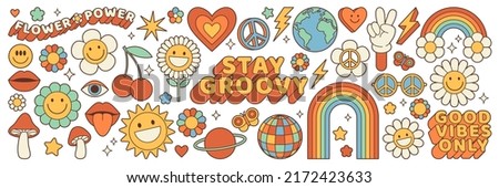 Groovy hippie 70s set. Funny cartoon flower, rainbow, peace, Love, heart, daisy, mushroom etc. Sticker pack in trendy retro psychedelic cartoon style. Isolated vector illustration. Flower power. 商業照片 © 