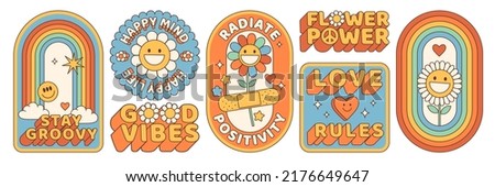 Groovy hippie 70s stickers. Funny cartoon flower, rainbow, peace, Love, heart, daisy, mushroom etc. Sticker pack in trendy retro psychedelic cartoon style. Flower power. Good vibes. Stay groovy.