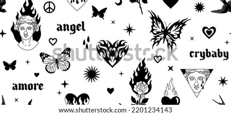 Tattoo art 1990s, 2000s. Y2k seamless pattern. Butterfly, fire, flame, heart, greek statue and other elements in trendy psychedelic style. Vector hand drawn tattoo background. Black and white colors.