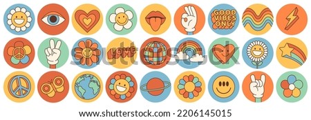 Groovy hippie 70s set. Funny cartoon flower, rainbow, peace, Love, heart, daisy, mushroom etc. Sticker pack in trendy retro psychedelic cartoon style. Isolated vector illustration. Flower power.