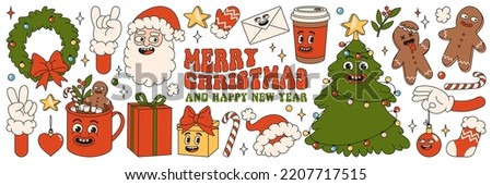 Merry Christmas and Happy New year. Santa Claus, Christmas tree, gifts, cocoa, coffee, gingerbread in trendy retro cartoon style. Sticker pack of cartoon characters and elements.