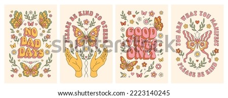 Groovy butterfly, daisy, flower. Hippie 60s 70s posters. Floral romantic backgrounds in trendy cute retro style. Yellow, pink colors. Greeting card, sticker, cover, t-shirt print, party invitation.