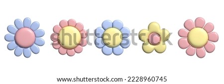 3D pastel flower set. Y2k daisy stickers in trendy plastic style. Vector illustration with plasticine effect isolated on withe background. 3D render.