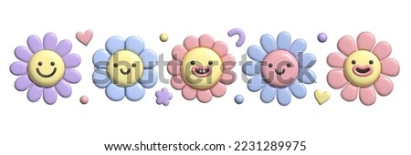 3D pastel flower set. Y2k cute smile daisy stickers in trendy plastic style. Vector illustration with plasticine effect isolated on withe background. 3D render.