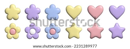 3D pastel flower heart and star set. Y2k daisy stickers in trendy plastic style. Vector illustration with plasticine effect isolated on withe background. 3D render.