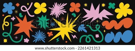 Abstract cloud and flower shapes sticker pack. Groovy funky flower, bubble, star, loop, waves in trendy retro 90s 00s cartoon style. Vector illustration with wavy and spiral elements.