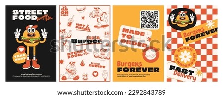 Burger retro cartoon fast food posters and cards. Comic character slogan quote and other elements for burger bar cafe restaurant. Menu, invitation, stories template. Groovy funky vector illustration.