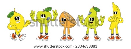 Fruit retro funky cartoon characters. Comic mascot of banana lemon apple orange pear with happy smile face, hands and feet. Groovy summer vector illustration. Fruits juicy sticker pack.