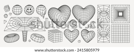 Geometry wireframe shapes and grids in black and white colors. 3D hearts, abstract backgrounds, patterns, cyberpunk elements in trendy psychedelic rave style. 00s Y2k retro futuristic aesthetic.
