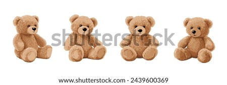 Cute cartoon bear doll set for babies and children. Fluffy soft stuffed toys. Little teddy bears vector illustrations in trendy style isolated on white background. Beige and brown colors.