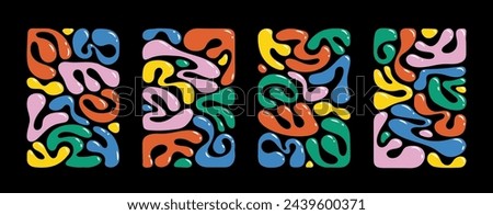 Liquid abstract organic blob shapes background set. Wavy elements bubbles and drops in trendy y2k style. Childish colorful vector isolated illustrations. Poster card template design.