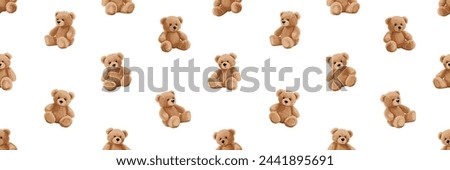 Cute cartoon bear doll background for babies or children. Fluffy soft stuffed toys seamless pattern. Little teddy bears vector illustrations in trendy style. Beige and brown colors.