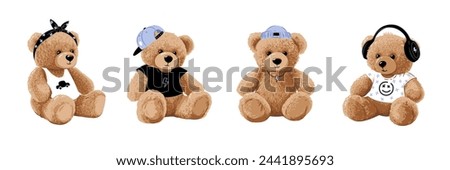 Cute cartoon bear doll set for babies or children. Fluffy soft stuffed toys. Little teddy bears vector illustrations in trendy style isolated on white background. Beige brown and blue colors.