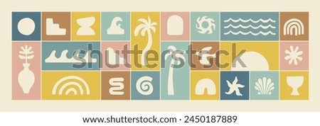 Boho groovy palm tree beach sun sea stickers. Surf club vacation and sunny summer day aesthetic. Vector illustration background in trendy retro naive simple style. Pastel yellow blue braun colors.