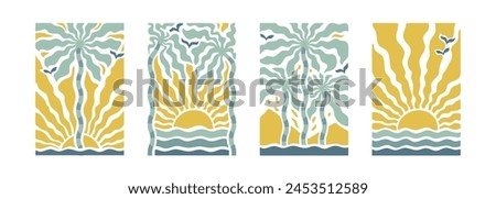 Boho groovy palm tree beach sun sea. Surf club vacation and sunny summer day aesthetic. Vector illustration background in trendy retro naive simple style. Pastel yellow blue braun colors.