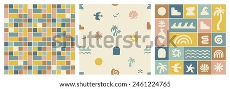 Boho groovy palm tree beach sun sea seamless patterns. Surf club vacation and sunny summer day aesthetic. Vector illustration background in trendy retro naive style. Pastel yellow blue braun colors.