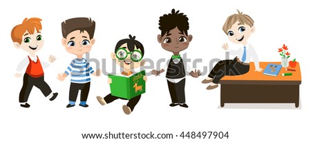 Back To School Illustration. Student Boys Isolated On White Background