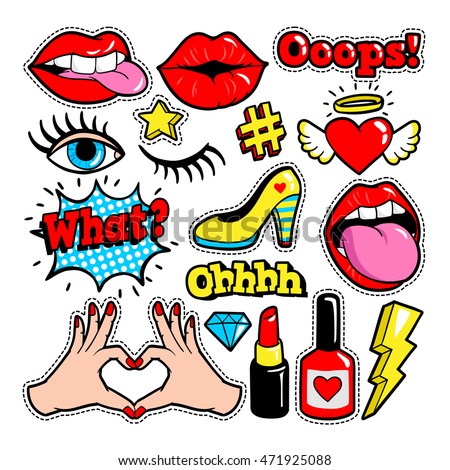 Fashion patch badges with lips, hearts, speech bubbles, stars and other elements. Vector illustration isolated on white background. Set of stickers, pins, patches in cartoon 80s-90s comic style.