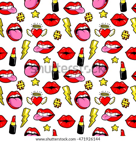 Seamless pattern with fashion patch badges with lips, hearts, stars and other elements. Vector background with stickers, pins, patches in cartoon 80s-90s comic style.