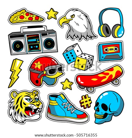Fashion patch badges with eagle, tiger, skateboard, tape recorder, skull, etc. Vector illustration isolated on white background. Set of stickers, pins, patches in cartoon 80s-90s pop-art comic style.