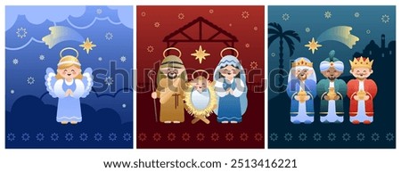 Collection of three Christmas Nativity Scenes. Holy Family, Angel and Three Wise Men. Vector illustration.