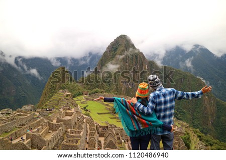 Similar – Image, Stock Photo Traveling couple admiring breathtaking landscape of bay in summer