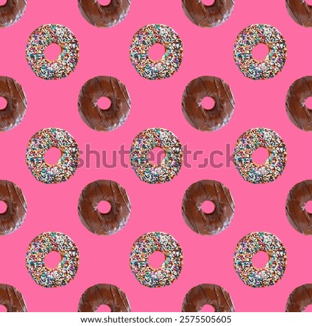 Similar – Image, Stock Photo Chocolate glazed donuts pattern. One doughnut with a missing bite