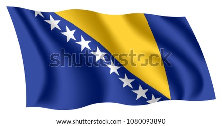 Bosnia and Herzegovina flag. Isolated national flag of Bosnia and Herzegovina. Waving flag of Bosnia and Herzegovina. Fluttering textile bosnian flag.