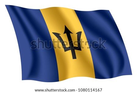 Barbados flag. Isolated national flag of Barbados. Waving flag of Barbados. Fluttering textile barbadian flag. The Broken Trident.