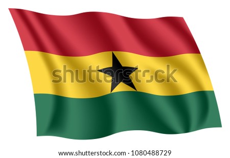 Ghana flag. Isolated national flag of Ghana. Waving flag of the Republic of Ghana. Fluttering textile ghanaian flag.