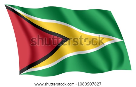 Guyana flag. Isolated national flag of Guyana. Waving flag of the Co-operative Republic of Guyana. Fluttering textile guyanese flag. The Golden Arrowhead.