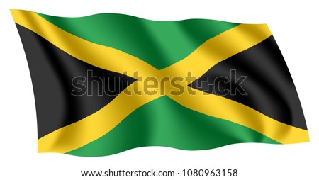 Jamaica flag. Isolated national flag of Jamaica. Waving flag of Jamaica. Fluttering textile jamaican flag. The Cross, Black, green, and gold.