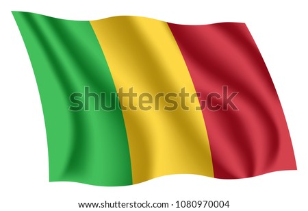 Mali flag. Isolated national flag of Mali. Waving flag of the Republic of Mali. Fluttering textile malian flag.