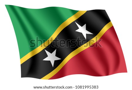 Saint Kitts and Nevis flag. Isolated national flag of Saint Kitts and Nevis. Waving flag of the Federation of Saint Christopher and Nevis. Fluttering textile flag.