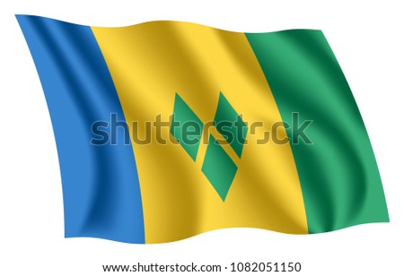 Saint Vincent flag. Isolated national flag of Saint Vincent. Waving flag of Saint Vincent and the Grenadines. Fluttering textile vincentian flag.