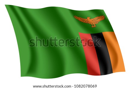 Zambia flag. Isolated national flag of Zambia. Waving flag of the Republic of Zambia. Fluttering textile zambian flag.
