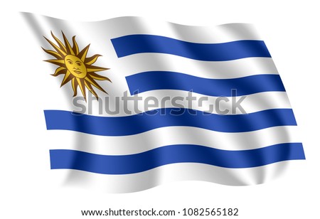 Uruguay flag. Isolated national flag of Uruguay. Waving flag of the Oriental Republic of Uruguay. Fluttering textile uruguayan flag. The National Pavilion. The Sun and Stripes.