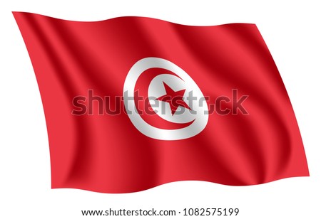 Tunisia flag. Isolated national flag of Tunisia. Waving flag of the Republic of Tunisia. Fluttering textile tunisian flag.