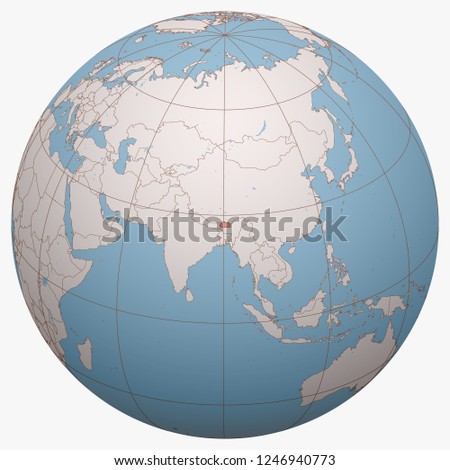 Bhutan on the globe. Earth hemisphere centered at the location of the Kingdom of Bhutan. Bhutan map.