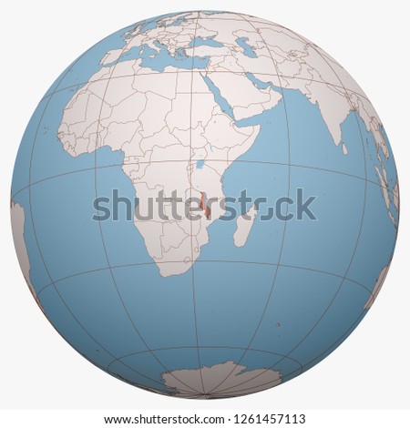 Malawi on the globe. Earth hemisphere centered at the location of the Republic of Malawi. Malawi map.