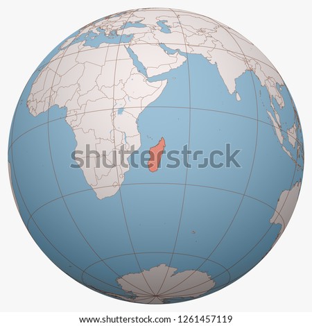 Madagascar on the globe. Earth hemisphere centered at the location of the Republic of Madagascar. Madagascar map.