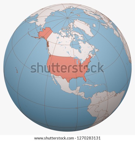 United States (US, USA) on the globe. Earth hemisphere centered at the location of the United States of America. United States map.