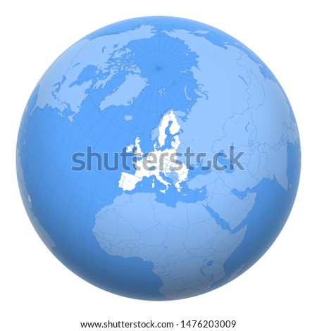 European Union (EU) on the globe. Earth centered at the location of the European Union. Map of European Union. Includes layer with capital cities.