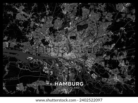 Hamburg map. Detailed dark map poster of Hamburg (Germany). Natural features (lakes, rivers), various types of roads and buildings are grouped separately.