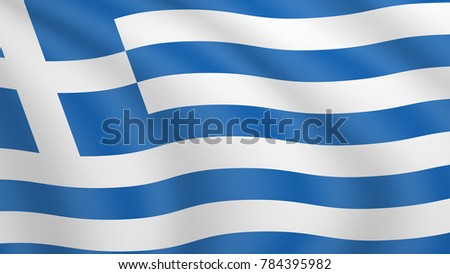 Realistic waving flag of Greece. Current national flag of Hellenic Republic. Illustration of wavy shaded flag of Hellas country. Background with greek flag. The Blue and White. The Azure and White.