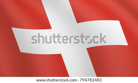 Realistic waving flag of Switzerland. Current national flag of Swiss Confederation. Illustration of wavy shaded flag of Switzerland country. Background with swiss flag. Swiss.