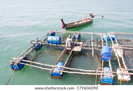 Cage aquaculture farming is done on water